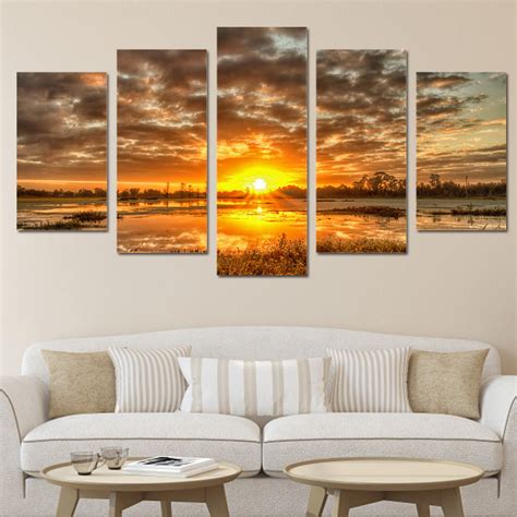 Sunrise Sunset On Water Framed 5 Piece Nature Canvas Wall Art Painting