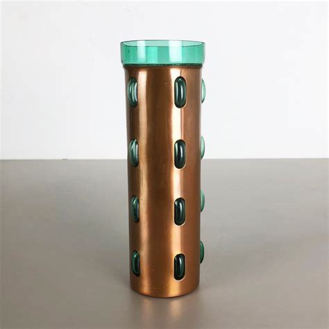 Cylindrical Vase In Green Glass And Copper 1970s 103705