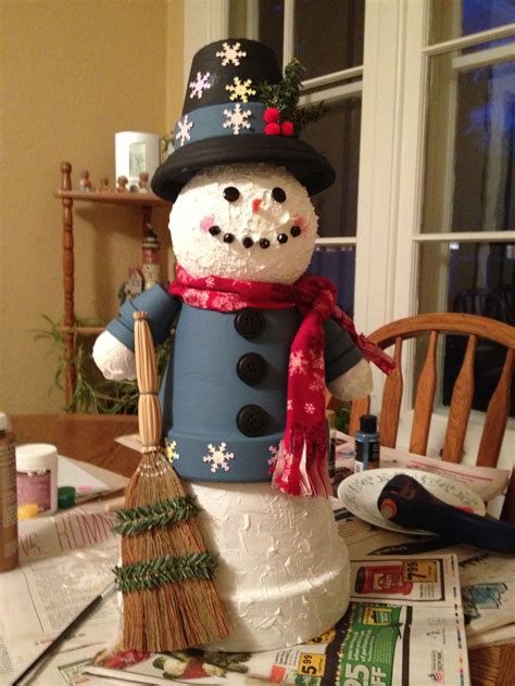 Snowman Body Made From 2 Clay Potsstyrofoam Balls For Head And Hands