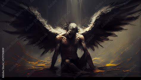 Fallen Angel With Dark Wings Painting Generative Ai Stock