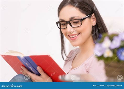 Beautiful Brunette Sitting On Floor And Reading Stock Image Image Of