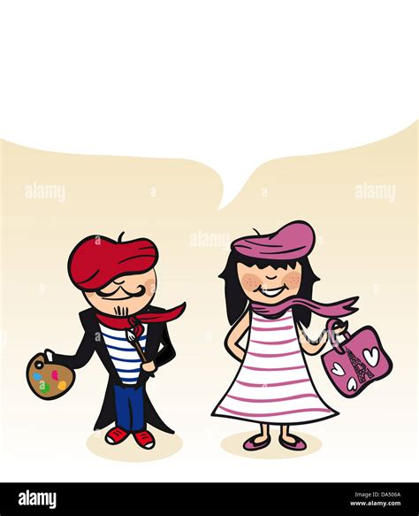 french man and woman cartoon couple with dialogue bubble vector illustration layered for easy