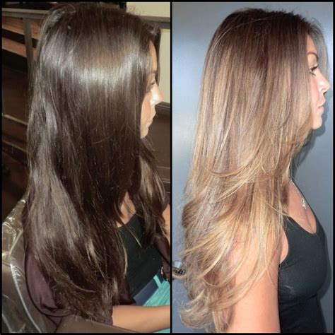 Before And After Dark Brown To Caramel High Lights Cheveux Teinture