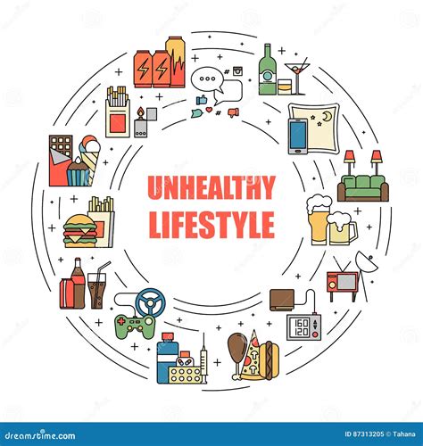 Unealthy Lifestyle Habits Colorful Line Vector Icons Isolated Fast