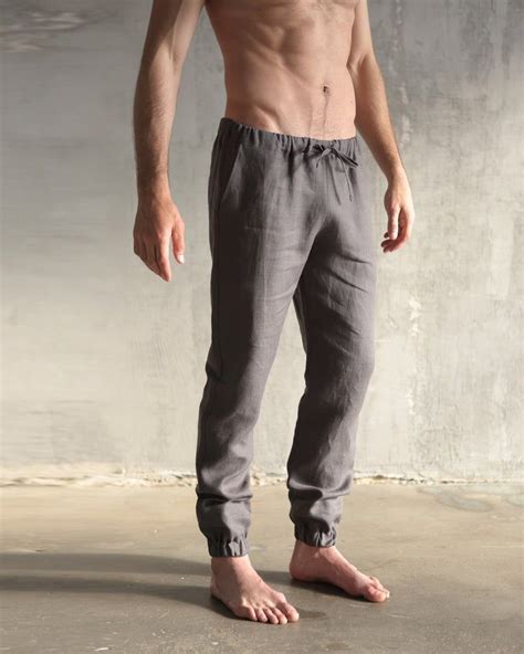 Mens Linen Pants Lounge Pants Drawstring Pants Gray Linen Etsy Mens