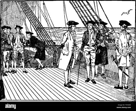 Benjamin Franklin On A Ship On His Way To Francevintage Line Drawing Or Engraving Illustration