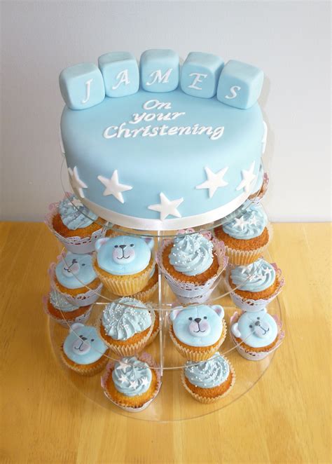 Christening Cake And Cupcakes For A Boy Blue Teddy And Stars