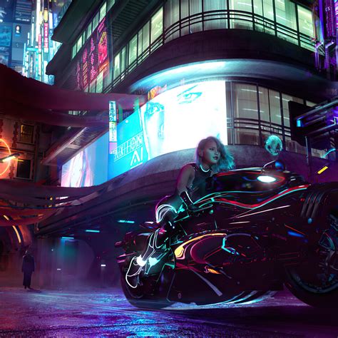 2048x2048 Cyberpunk City Girl With Bike 4k Ipad Air Hd 4k Wallpapers