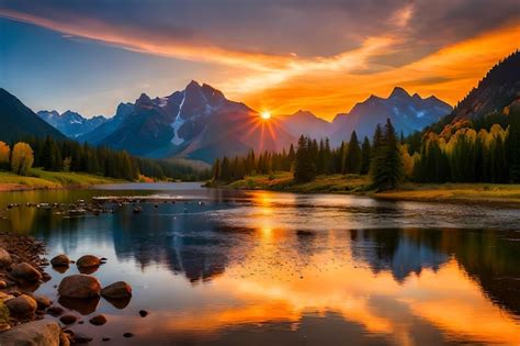 Premium Ai Image A Beautiful Sunset Over A Mountain Lake With A