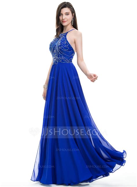 A Lineprincess Scoop Neck Floor Length Chiffon Prom Dress With Beading