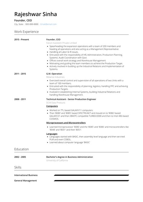 The best resume profiles list a couple key skills and achievements. Ceo - Resume Samples and Templates | VisualCV