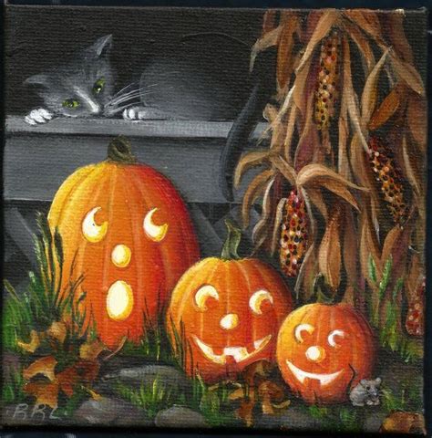 4 X 4 Cat N Mouse W Pumpkins Original Etsy Halloween Painting