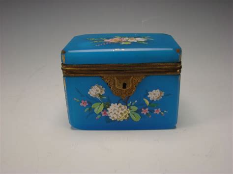 Antique French Blue Opaline Gilt And Enamel Glass Jewelry Box Casket