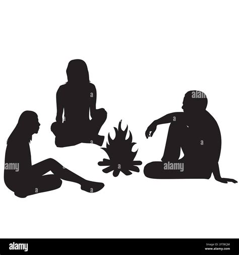 silhouettes of tourists sitting around a campfire stock vector image