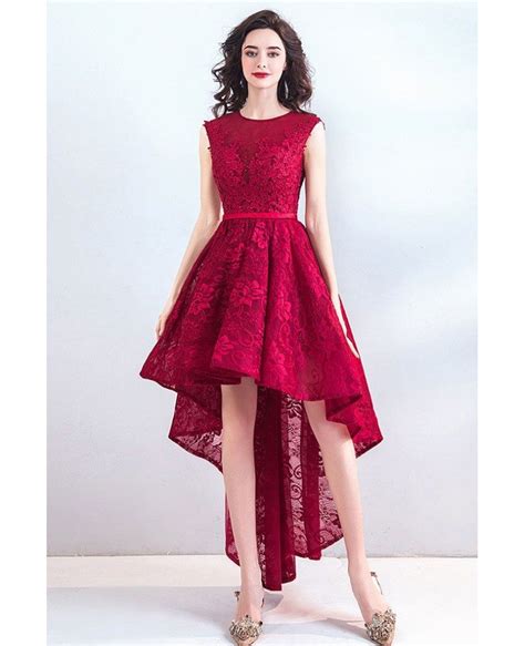 Chic High Low Burgundy Red Lace Party Prom Dress Hi Lo Wholesale T69036