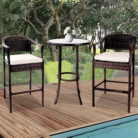 3 Piece Patio High Bistro Set 2 High Bar Chairs With 1 Glass Top Table