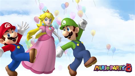 Luigi Mario Princess Peach With Background Of Color Balloons Blue Sky