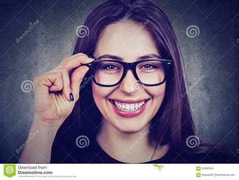 Portrait Of A Smiling Woman In Glasses Stock Photo Image