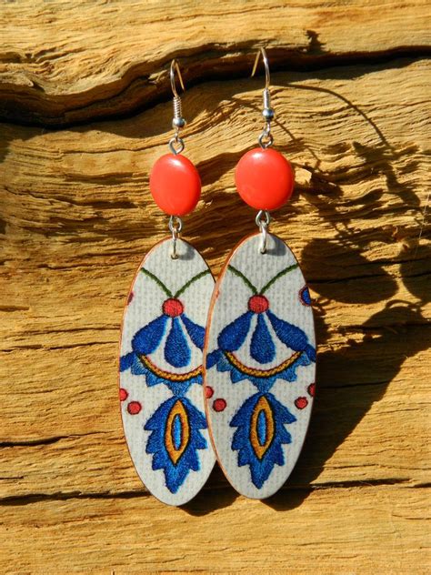 Polish Folk Art Earrings With Kashubian Patterns Polish Handicraft Blue And Red Folk Dangle