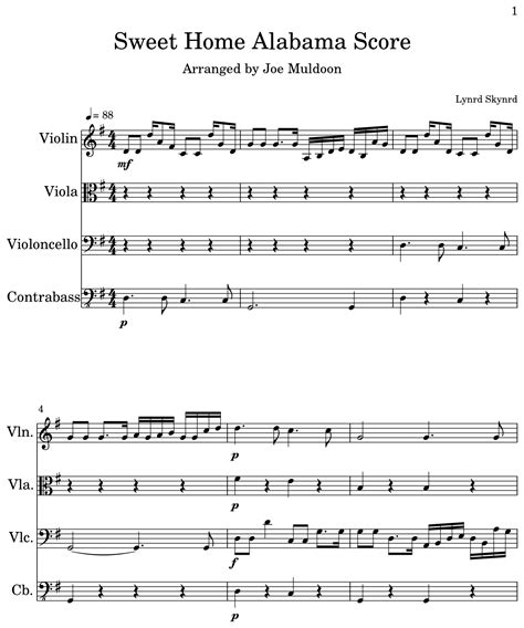 Sweet Home Alabama Score Sheet Music For Violin Viola Cello Contrabass