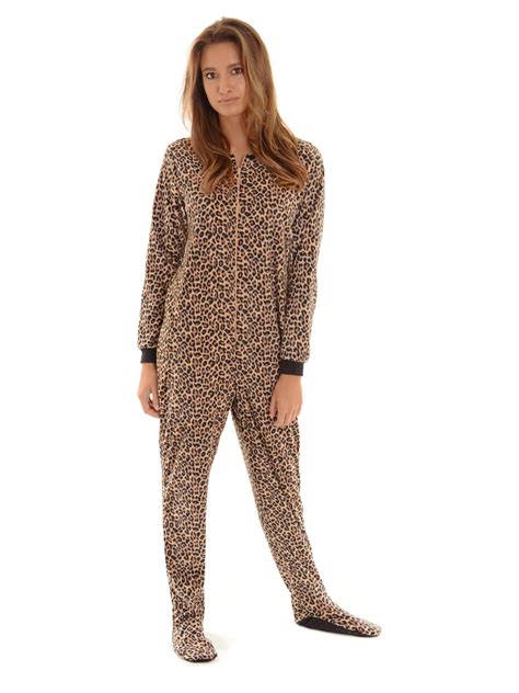 Int Intimate Womens Leopard Print Footed Pajamas Micro Fleece Zip Up