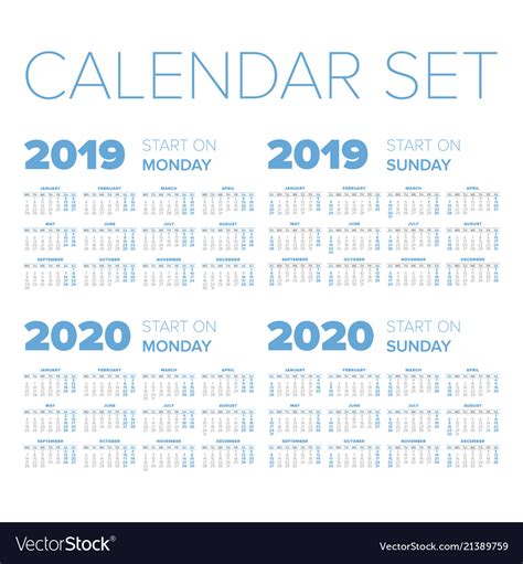 Simple 2019 2020 Year Calendar Set Royalty Free Vector Image