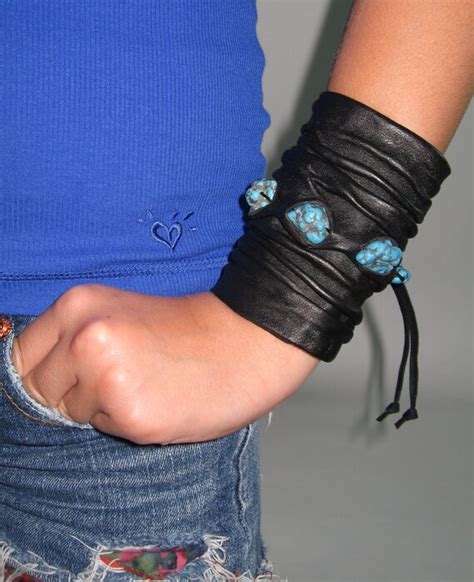 Items Similar To Black Leather Cuff Bracelet Turquoise Wide Crushed