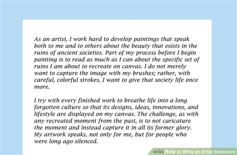 Standard artist statement consists of three paragraphs. 4 Ways to Write an Artist Statement - wikiHow
