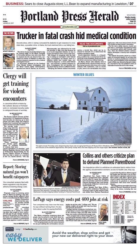 Todays Portland Press Herald Front Page Friday January 6 2017