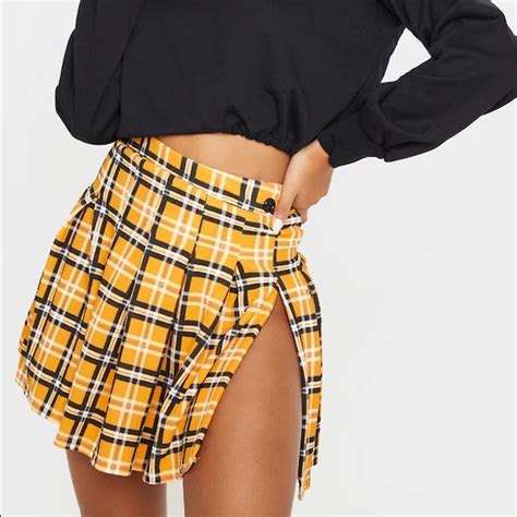Prettylittlething Skirts Pretty Little Thing Yellow Plaid Slit