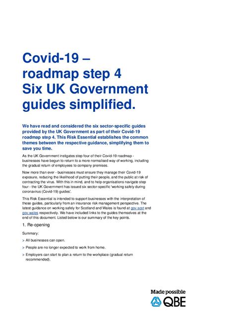 Covid 19 Roadmap Step 4 Six Uk Governments Guides Simplified Qbe