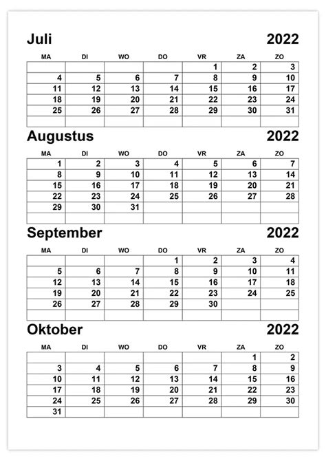 Kalender Juli Augustus September Oktober 2022