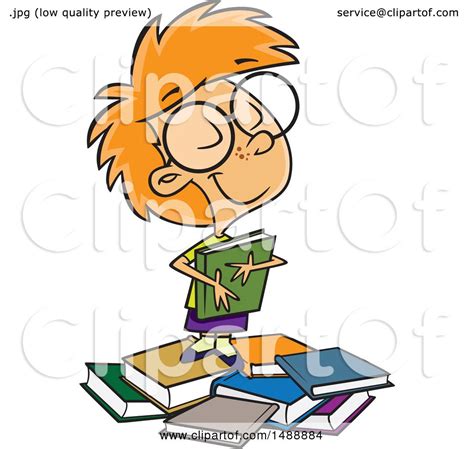 Clipart Of A Cartoon Girl Hugging A Book On A Pile Royalty Free