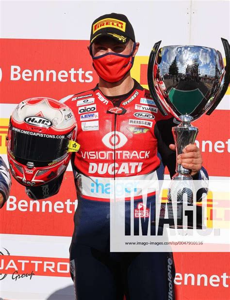 christian iddon visiontrack ducati on the top step of the podium during round 2 of the bennetts 2020