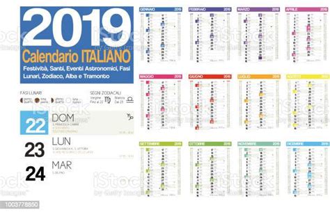 Vetores De 2019 Italiano Calendário Com Feriados Italianos Zodíaco