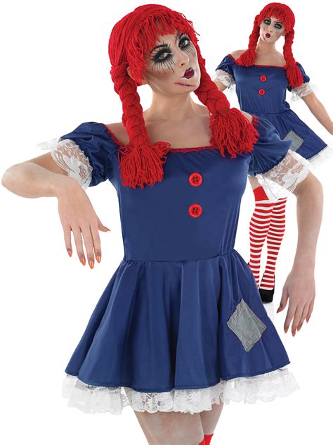 Ladies Zombie Rag Doll Costume Stockings Halloween Fancy Dress Womans