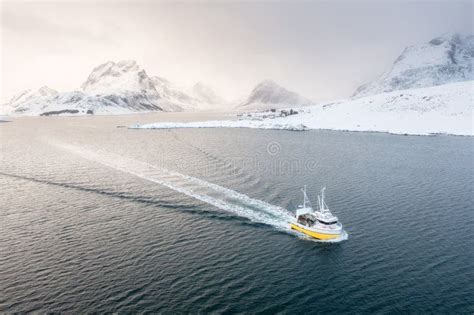 Fishing Boat In The Fjord Aerial View Of Lofoten Islands Norway