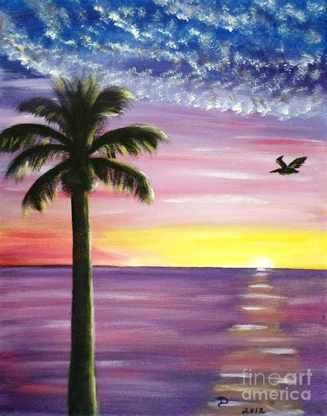 Pelican And Palm Tree Sunset Painting By Diane Wigstone Pixels