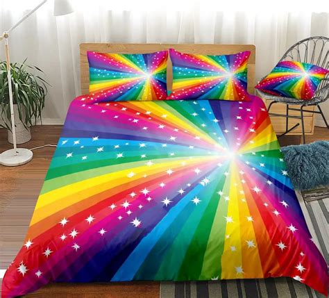 Rainbow Bedding Set Stars Bed Linen Colorful Duvet Cover Set Rainbow