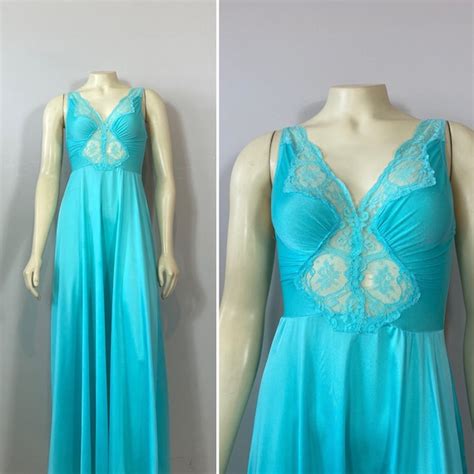 Rare 80s Turquoise Olga Bodysilk Nightgown Vintage O Gem