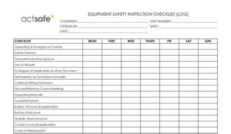 Equipment Safety Inspection Checklist Actsafe Safety Association