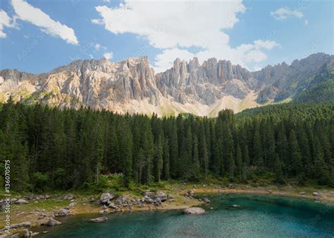 Lake Lago Di Carezza Karersee In The Italian Dolomites At Sunny