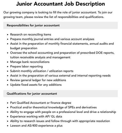 Junior Accountant Job Description Velvet Jobs