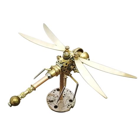 Golden 3d Metal Mechanical Steampunk Dragonfly Insects Model With Rand