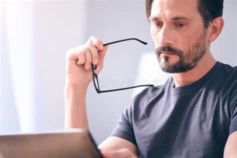 Sad Man Looking At Screen Of Laptop Stock Image Image Of Device