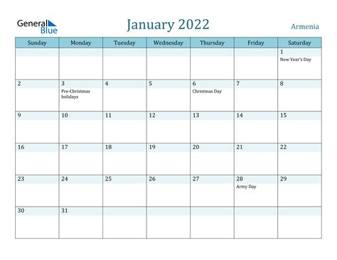 January 2022 Calendar Armenia