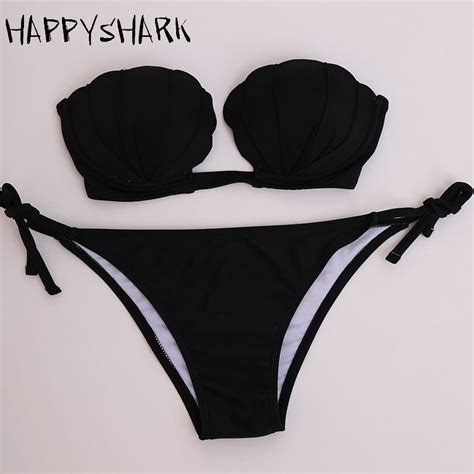 Happyshark 2018 New Shell Cup Bikinis Set Women Push Up Swimsuit Black Swimwear Sexy Strappy