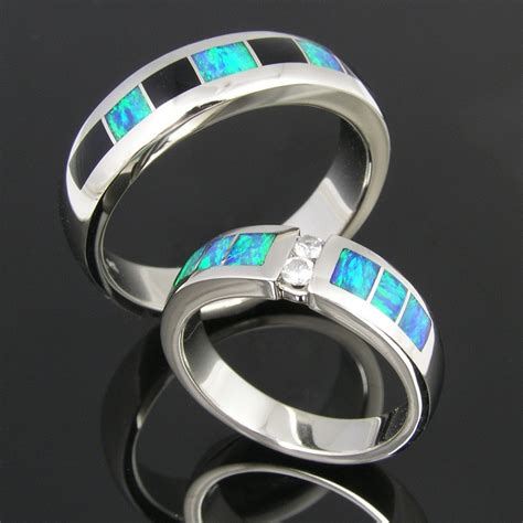 Hileman Australian Opal Inlay Wedding Ring Set Turquoise Wedding Ring