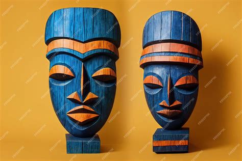 Premium Photo Two Blue African Tiki Masks Made Of Wood On Stands