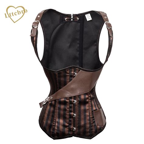 Brown Halter Steel Boned Steampunk Corset Vest Striped Gothic Clothing Sexy Steel Boned Waist